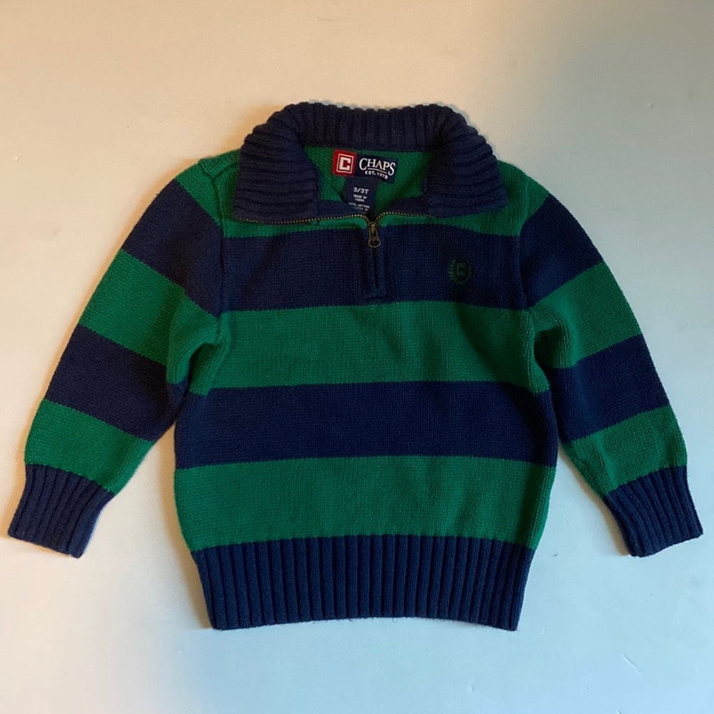 🎉FINAL PRICE🎉 Chaps 3T Green and Navy Striped Quarter Zip Knit Sweater